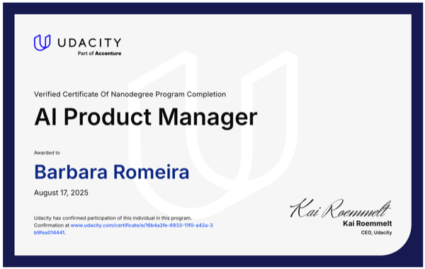 AI Product Manager Nanodegree certificate